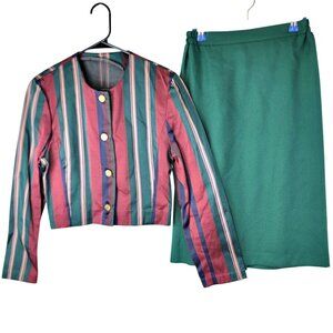 Vintage 90s Suit Set Women Small 4 6 Stripe Blazer Jacket Midi Skirt Green Blue